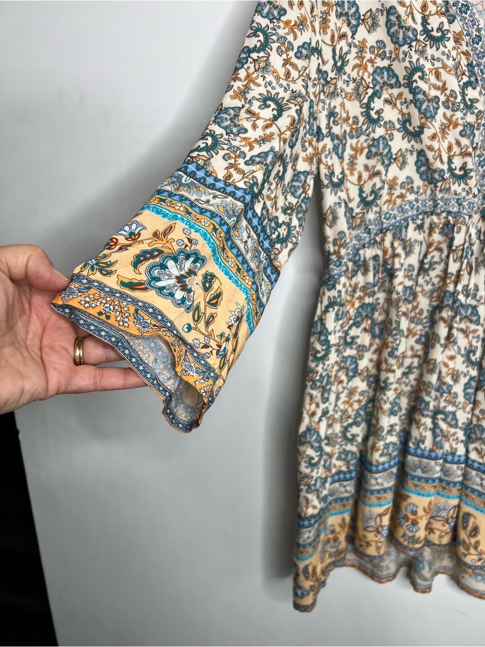 Boho Floral V-Neck Tunic Dress in Teal & Mustard Size Medium - Picture 2 of 7